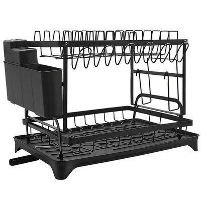 2 Tier Dish Drainer Rack Kitchen Counter Large Drying Rack Utensil Holder Black