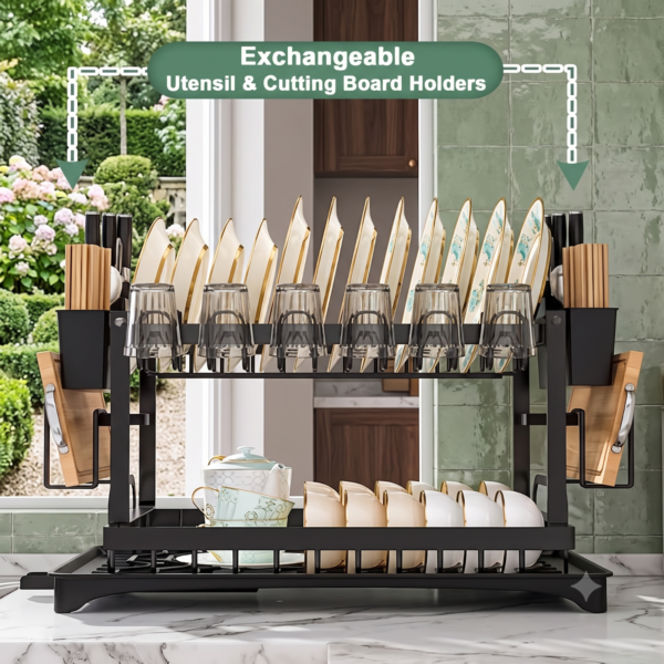 Second image of 2 Tier Dish Drainer Rack Kitchen Counter Large Drying Rack Utensil Holder Black