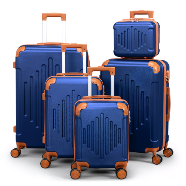 Hard Shell Luggage Set 3/4/5pc Expandable Lightweight 360 Spinner Suitcase - Dark blue and paired with brown, 5 in 1(12in+16in+20in+24in+28in)